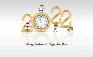 año nuevo sobre fondo blanco con reloj de oro de lujo con dibujos animados feliz navidad y feliz año nuevo en vector. año nuevo 2022 vector