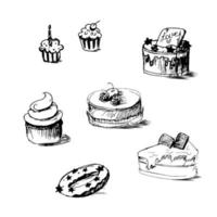 Illustration of cakes by sketch, bakery sticker vector