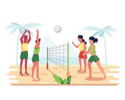 happy young people playing beach volleyball on seaside vector