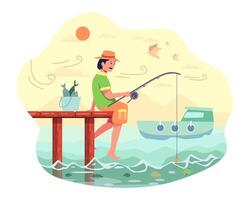 The fisherman sat fishing at the end of the bridge with a fishing rod and bait vector