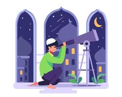 An Islamic boy looks at the constellations to see the constellations in Ramadan. vector