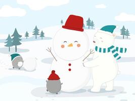 Merry Christmas with bears and penguins join together to create snowballs on the mountainy snow. vector