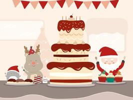 Merry Christmas with Santa Claus and Reindeer decorating the presents on the Christmas tree. vector