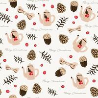 Seamless pattern background with Leaves, bowl, kettle, and dried pine cones vector