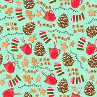 Seamless pattern background socks, Dried pine cones, cartoon, ribbon. vector