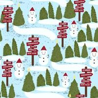 Seamless pattern background with Snowman, pine, and Road sign vector