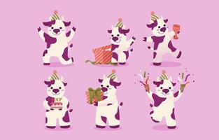 Set of white-purple spotted cow. Animal characters in various gestures vector illustration on pink background.