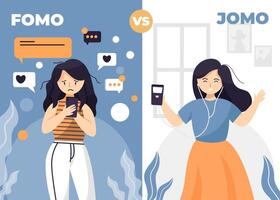 Miedo de perderse fomo y alegría de perderse jomo vector