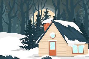 House in nature forest night landscape in winter vector illustration