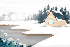 Casa y paisaje de lago de montaña en la ilustración de vector de invierno