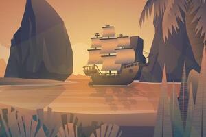 Scene Galleon in bay of island forest vector