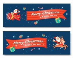 merry christmas with Santa Plane Banner and Santa Claus riding a reindeer. vector