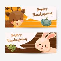 Happy Thanksgiving Day  card with rabbit, deer, pumpkin and leaves. vector