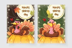 tarjeta de feliz día de acción de gracias con pavo sentado en una calabaza. vector