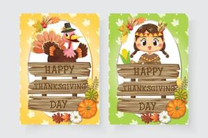 Happy Thanksgiving Day icons with Girls and signs made of various wood. vector