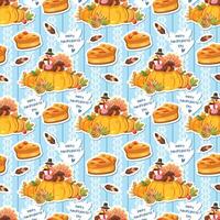 seamless pattern background with Chicken feathers, pumpkin and turkey holding the pie vector