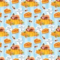 seamless pattern background with Chicken feathers, pumpkin and turkey holding the pie vector