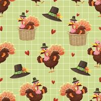 Seamless pattern background with Turkey, hat, basket and heart vector