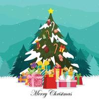 feliz navidad con cajas de regalo coloridas adornadas en el árbol de navidad. vector