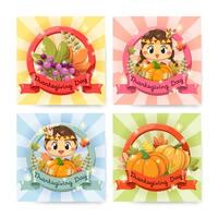 Happy Thanksgiving Day card with girl, maple leaf and pumpkin. vector