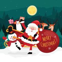 Merry Christmas card with santa, snowman and gift box. vector