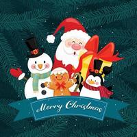 Merry Christmas card with santa, snowman, penguin and gift box. vector