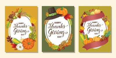 Happy Thanksgiving Day card or flyer with pumpkin, corn, walnuts, leaves and dried pine cones vector