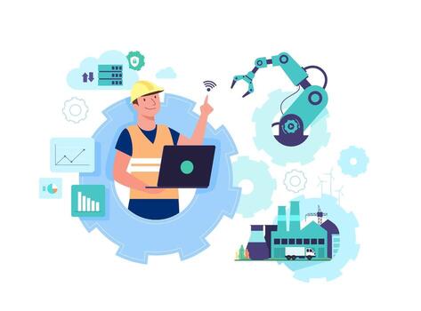 working people with clever device for workflow of industry 4.0 vector