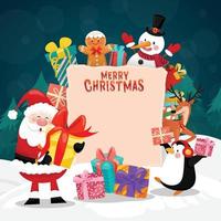 tarjeta de feliz navidad con santa, muñeco de nieve, pingüino y caja de regalo. vector