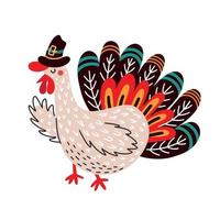 Ilustración de vector de colores brillantes del símbolo tradicional de acción de gracias de lindo pavo divertido con sombrero aislado sobre fondo blanco