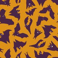 Seamless pattern of bats.Silhouette of purple bats on an orange background. Design for Halloween. Vector flat illustration