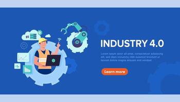 Banner de gente trabajadora con dispositivo inteligente para la industria 4.0. vector