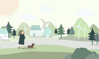 Young woman walking with dog in the village vector