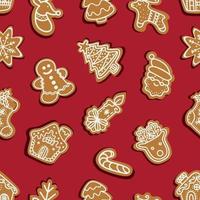 Seamless vector pattern of traditional gingerbread cookies of various shapes for Christmas celebration on a red background