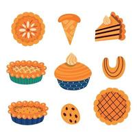 Collection of vector illustrations of various types of traditional autumnal sweet pastry with leaves and mushrooms elements for Thanksgiving celebration isolated on white background