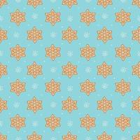 Seamless vector pattern of traditional gingerbread cookies and small white snowflakes on blue background