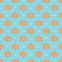 Seamless vector pattern of traditional gingerbread cookies and small white snowflakes on blue background