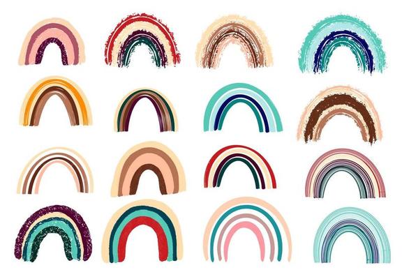 Boho Rainbow Collection. Wall decor in a Bohemian style.Cute rainbows in pastel colors. Hand-drawn vector illustration