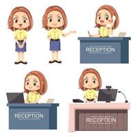 Happy woman standing and working at reception counter desk vector