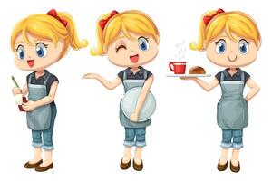 Bundle set of smiley waitress with apron in coffee shop vector
