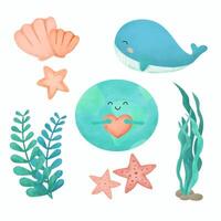 Hand drawing animal life under sea in earth day concept vector