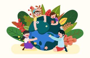 niños abrazando la tierra con hermosa naturaleza. vector