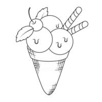 Outline ice cream balls in the waffle cone isolated on white background. Line art vector illustration.