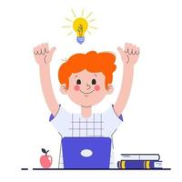 Happy boy with his laptop having a good idea. Elementary school pupil. A schoolboy found a solution to an assignment. Flat vector illustration.