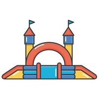 Bouncy inflatable castle. Tower and equipment for child playground. Vector line illustration