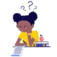 A schoolgirl in class or in an exam thinking about how to do her homework or assignments. The African-American girl is thinking about it. Flat vector illustration with question marks.