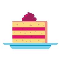 Piece of cake on plate. Sweet biscuit dessert. Flat style illustration. Vector design.