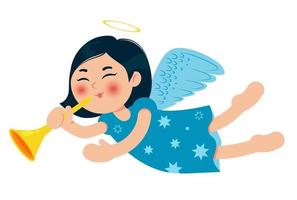 Cute little Christmas angel with trumpet. Asian baby girl. Cartoon character. Vector illustration.