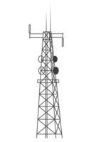 Transmission cellular tower. Mobile and radio communications tower with antennas for wireless connections. Outline vector illustration isolated on white background.