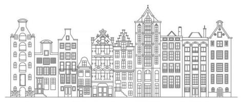 casas de estilo antiguo de amsterdam. casas de canal típicas holandesas alineadas cerca de un canal en los países bajos. edificio y fachadas para pancarta o póster. ilustración de contorno vectorial. vector